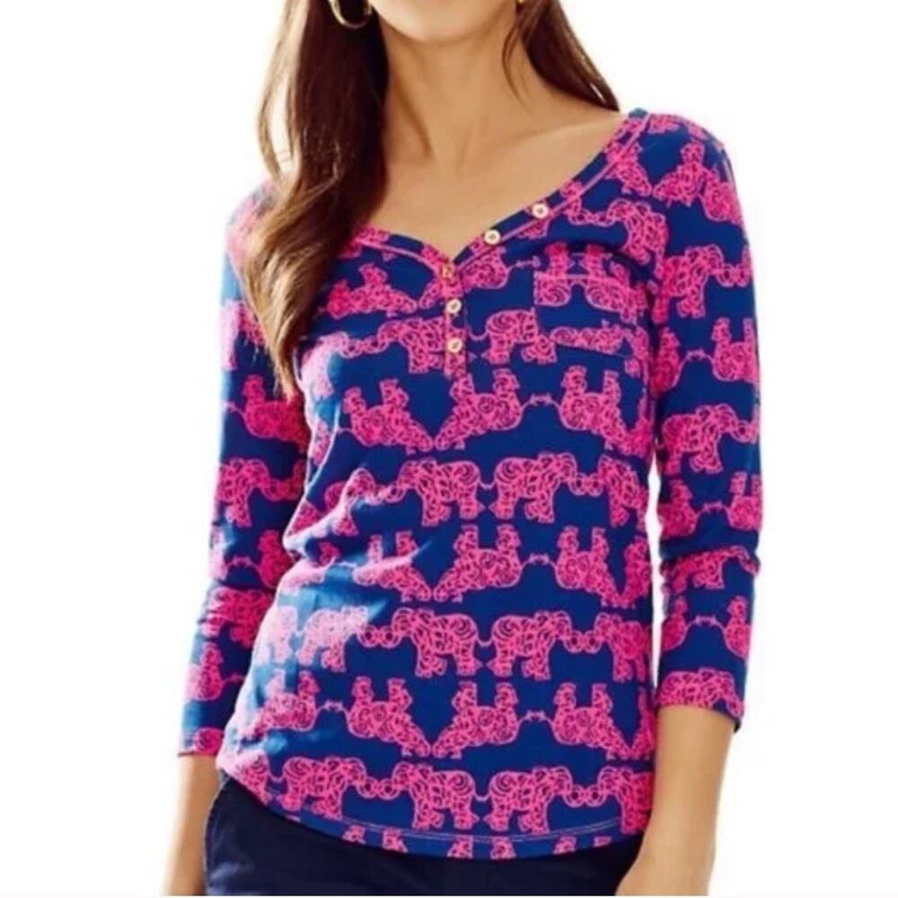 Lilly Pulitzer Palmetto V neck Pack your Trunk elephant long sleeve top XXS